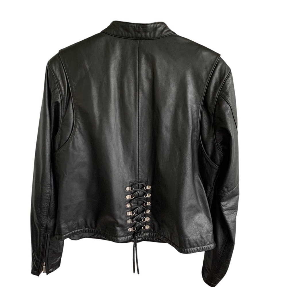 Harley Davidson Black Leather Jacket Moto Women’s Size L Motorcycle Coat Lace Up - Picture 2 of 10